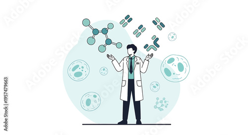 Scientist Juggling Molecules and Cells, Concept of Research and Discovery