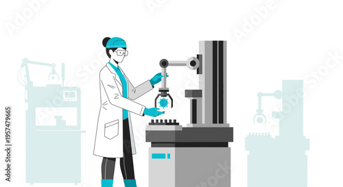 Scientist operating robotic arm in advanced manufacturing lab, innovation concept