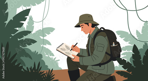 Scientist sketching plant in lush jungle, exploring biodiversity and nature