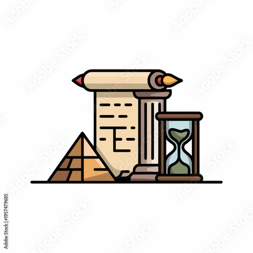 Ancient history icons with scroll pencil pyramid hourglass symbols parchment sand timer