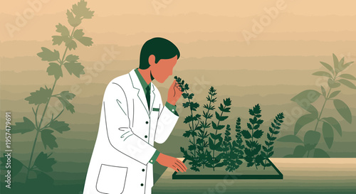 Scientist smelling herbs in a greenhouse, research and development of new plant species