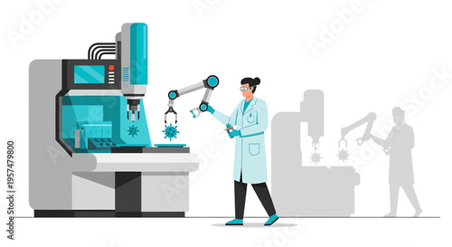 Scientist working with robotic arm and advanced laboratory equipment for research
