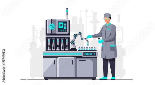 Scientist working with robotic arm and automated laboratory equipment for drug production