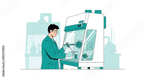 Scientist working with virus in laboratory safety cabinet, research, medical science