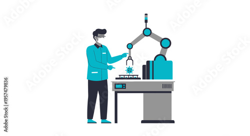 Scientist working with robotic arm and 3D printer in laboratory