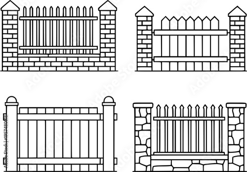 Collection of Outline Fence with Brick and Stone Pillars boundary gate
