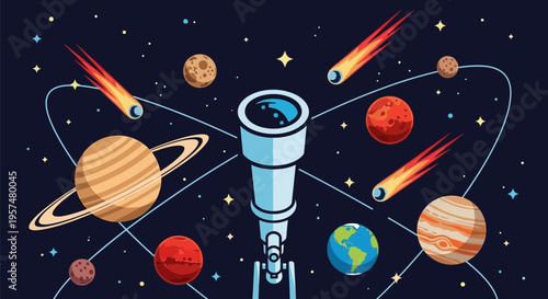 Telescope observing planets and celestial bodies in the vast expanse of space.