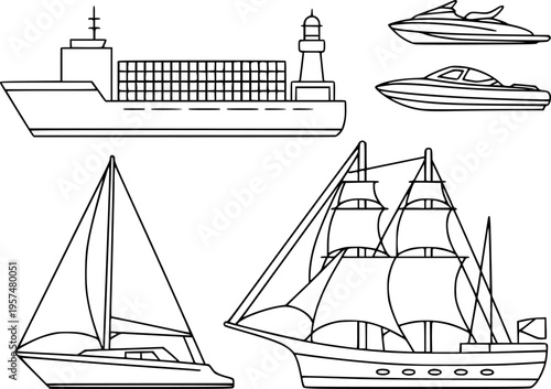 Collection of outline of various watercraft including cargo ship sailboat jet ski and tall ship