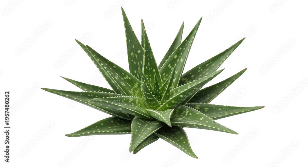 Fototapeta premium Fresh green aloe vera plant with thick textured leaves, botanical succulent graphic element for skincare and cosmetics design isolated on Transparent Background