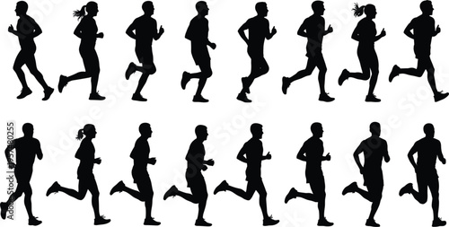 Large set of running man and woman silhouettes vector illustration featuring various athletic poses for marathon jogging fitness training and active lifestyle sports design.