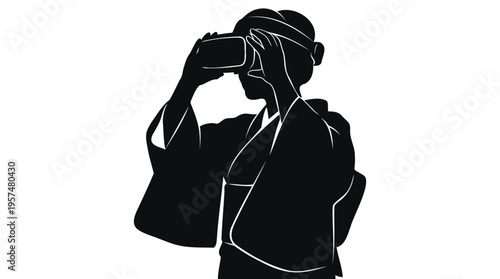 Japanese woman in a kimono using a VR headset, a compelling silhouette merging cultural tradition with advanced digital technology