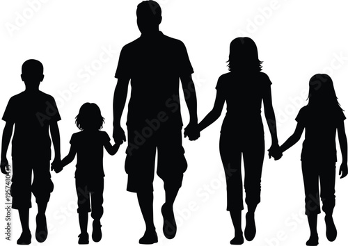 Happy family silhouette vector illustration featuring father mother and three children holding hands while walking together for community parenting and life insurance concept.