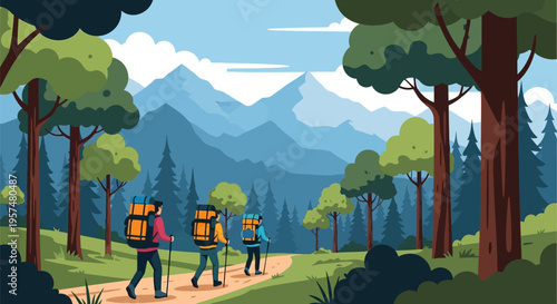 Three hikers with backpacks and walking sticks on a trail.