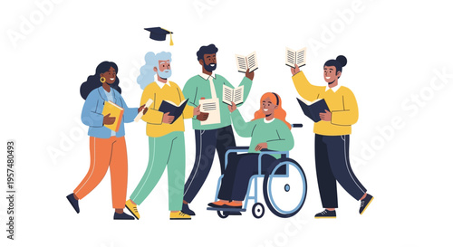 Diverse Group of Students and Learners with Books Representing Inclusive Education and Lifelong Learning