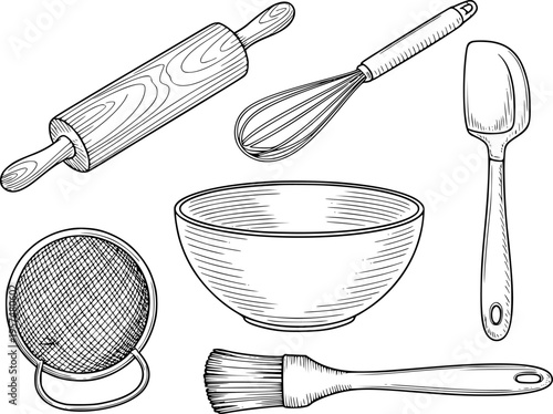 Hand drawn black and white of baking utensils including rolling pin whisk bowl spatula sieve and brush