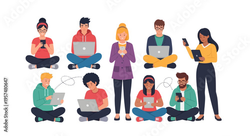 Diverse People Using Digital Devices: Online Connectivity, Social Media, Remote Work & Learning Illustration