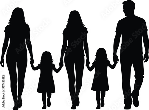 Black silhouette vector of a happy family with parents and children walking together while holding hands for community, parenting, and lifestyle concept designs.