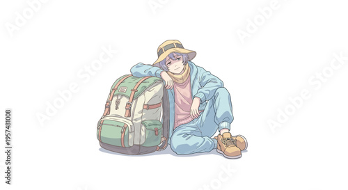 Man sitting with travel backpack relaxed.