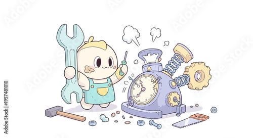 Cartoon character fixing clock with tools.