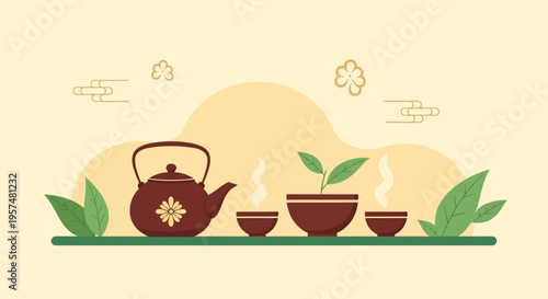 Traditional Japanese Tea Ceremony Set with Teapot and Cups.