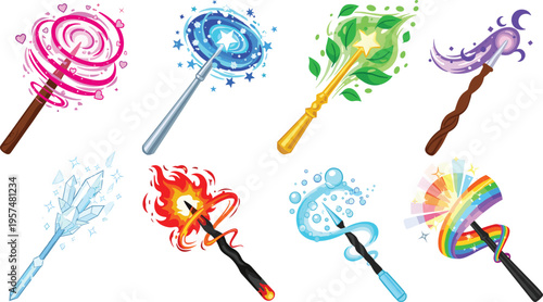 Elemental Magic Wand Vector Set with Fire Ice Nature and Rainbow Spell Effects for Fantasy Games RPG UI Design and Magical Storybook Illustrations