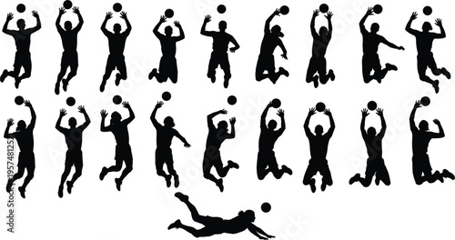 Volleyball player action silhouettes vector set featuring athletes jumping spiking serving and diving in professional sports competition poses for athletic tournament design.