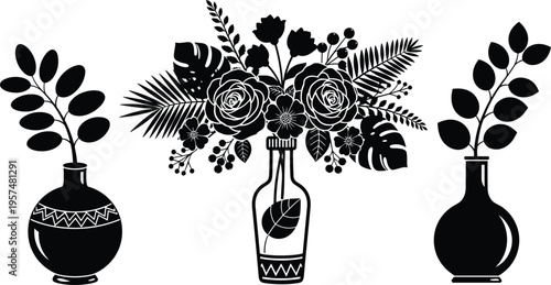 Elegant decorative black vases with floral bouquet arrangement, ornate botanical design, symmetrical artistic composition featuring roses, ferns, leaves, and ornamental patterns for cr