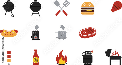 Flat Style Barbecue Icon Set Featuring Charcoal Grills Gas Tanks Spatulas Burgers Hot Dogs and Steaks for Summer Cookout Mobile Apps and Restaurant Menu Designs