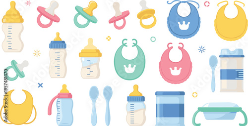 Baby feeding and care items set with bottles, pacifiers and bibs, newborn accessories collection for infant nutrition and childcare vector illustration