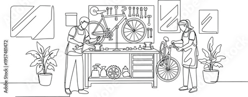 people working in a workshop with tools and plants