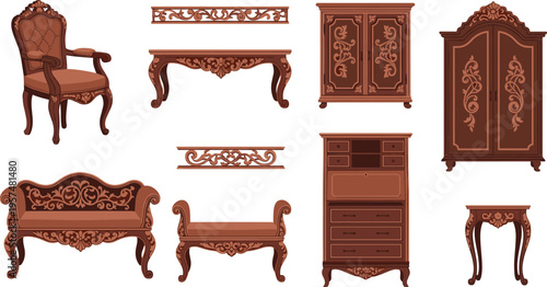 Collection of classic antique wooden furniture vectors featuring ornate wardrobe chest of drawers baroque armchair sofa and vintage tables for luxury interior home decor design projects