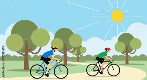 Two cyclists enjoying a sunny day ride on their bicycles.