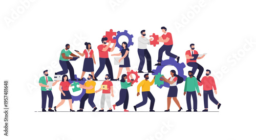 Diverse Team Collaboration & Business Strategy with Gears and Puzzle Pieces