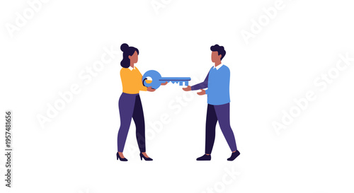Business Partnership & Solution Exchange: Woman Hands Key to Man, Symbolizing Access, Opportunity, and Success