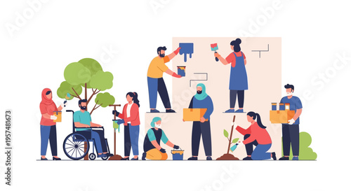 Inclusive Group of Volunteers Engaging in Community Service, Environmental Care, and Social Responsibility