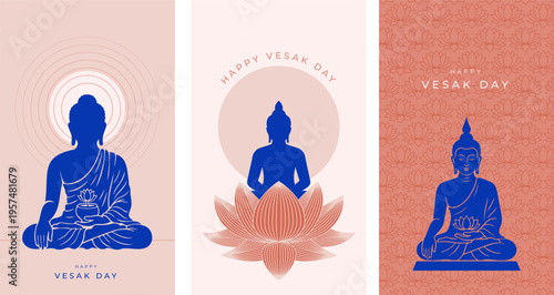 Buddha Purnima, Vesak Day concept design with Buddha and lotus illustration, abstract background, banner, poster and flyer
