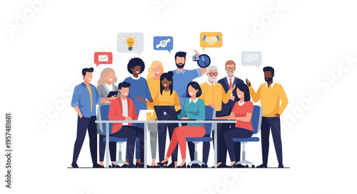 Diverse Business Team Collaboration: Brainstorming, Communication, and Project Management - Flat Design Vector Illustration