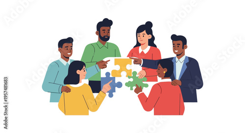 Diverse Business Team Collaborating on Puzzle Pieces - Teamwork, Unity, and Problem Solving