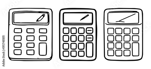 Calculator accounting icon set with simple line art design featuring simple design, minimalist, black and white with illustrations and graphics