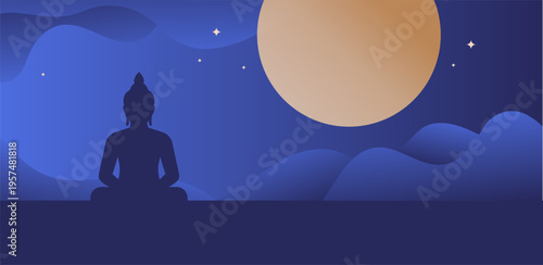 Buddha Purnima, Vesak Day concept design with Buddha and lotus illustration, abstract background, banner, poster and flyer