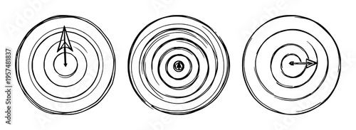 Target with arrow in center set with simple line art design featuring sketches, drawings, vector graphics with minimalist and simple illustrations