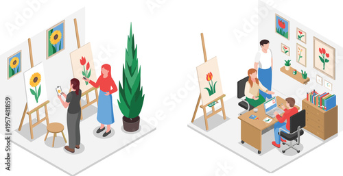 Isometric Art Studio and Design Office with Artists Painting on Easels, Designers Working on Laptops, CAD Drawing Flat Vector Illustration, SEO