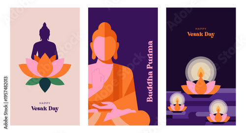 Buddha Purnima, Vesak Day concept design with Buddha and lotus illustration, abstract background, banner, poster and flyer