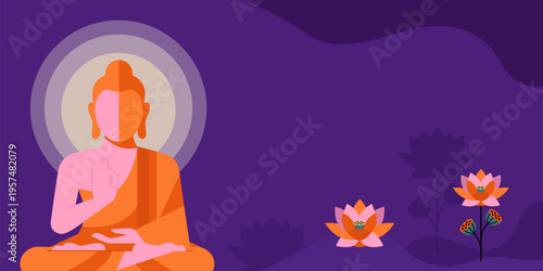 Buddha Purnima, Vesak Day concept design with Buddha and lotus illustration, abstract background, banner, poster and flyer. modern bold style