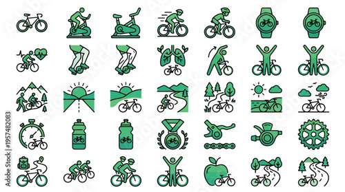 Cycling and Biking Icon Set in Linear Style. A collection of linear icons representing outdoor fitness, including bicycle, mountain bike, helmet, water bottle, trail, stopwatch, medal