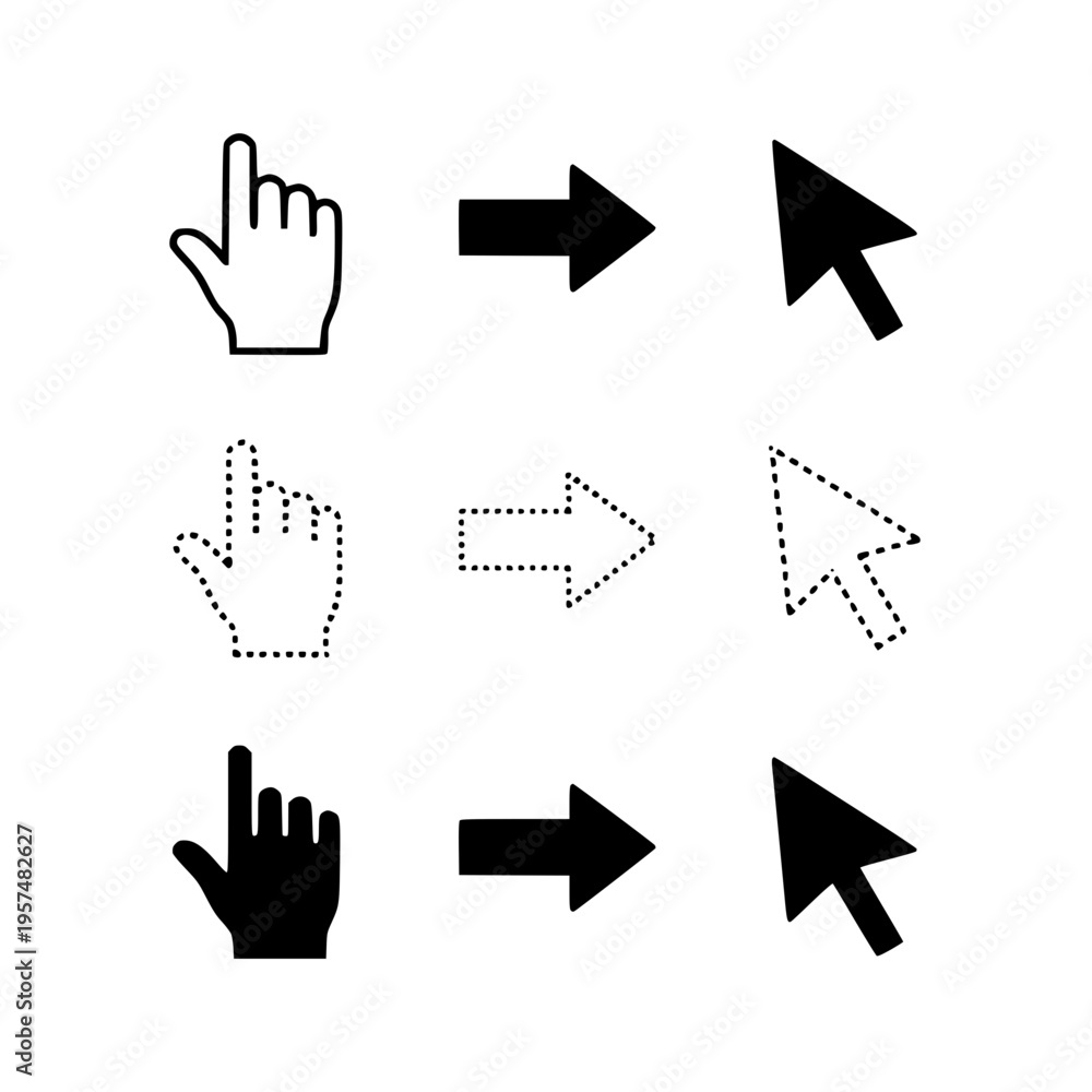 Obraz premium Computer mouse and hand cursor icons Vector, illustration