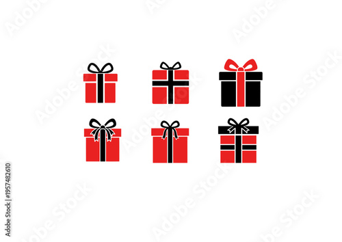 Set of minimalist gift box icons in red and black with ribbons for holiday and celebration branding