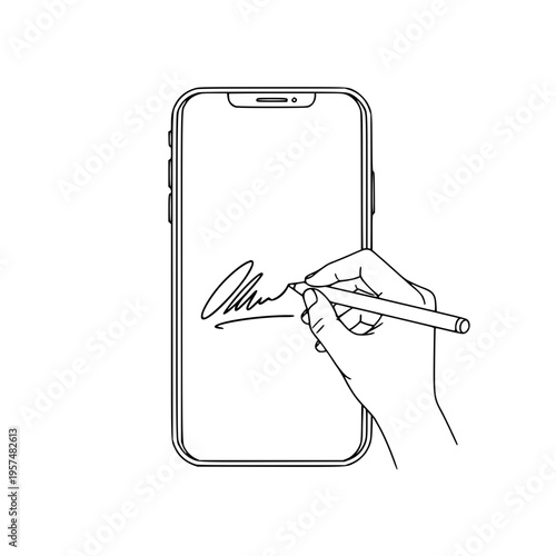 Hand holding a stylus signing on a smartphone screen Vector, illustration