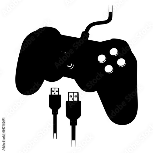 Black game controller with usb cables Vector, illustration