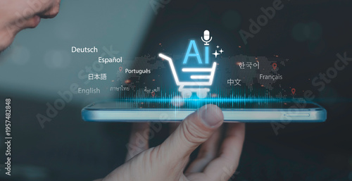 AI global language translation, microphone icon, and digital cart AI powered voice shopping concept on smartphone. Ecommerce, automation, multilingual communication, and smart retail technology.